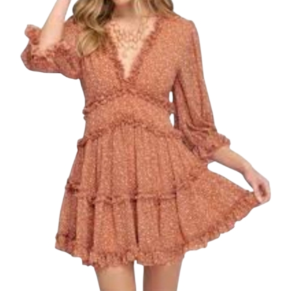 She + Sky Dresses & Skirts - She + Sky Orange Ruffled V Neck Long Sleeve Tiered Romantic Mini Dress Sz M
